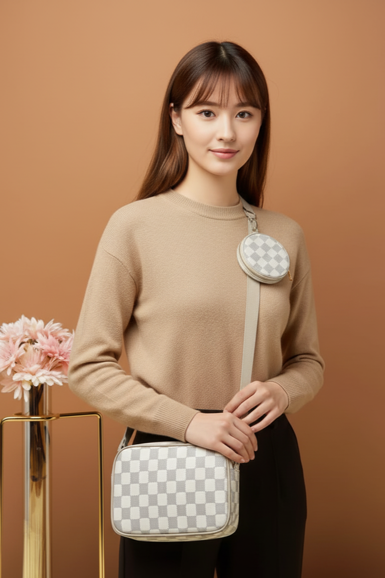 Checkered Coin Crossbody Bag - Color Off White